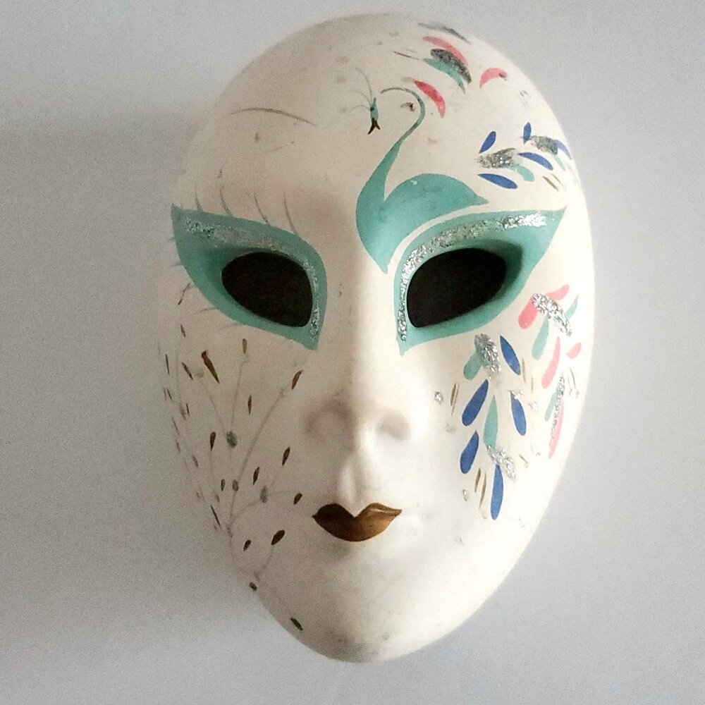 Jewellery Trinket Dish Chalkware Ceramic Hand Painted Mardi Gras Mask Peacock